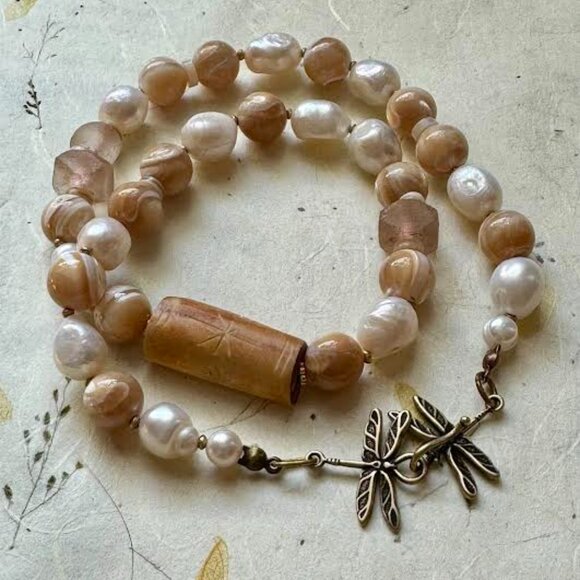 Statement  Necklace: Handmade :Pearls, Snail Shell beads, Sea glass - Picture 1 of 6